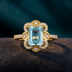 Anillo Gourik Vintage con Topacio Azul Cielo Corte Esmeralda, Chapado en Oro, Plata 925, Halo de Circonitas, Anillo de Compromiso - Product Image 3