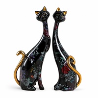 Paire de sculptures de chats floraux en résine noire avec queues dorées, figurines artistiques de table pour la décoration du salon, du bureau et de la maison