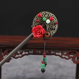 Aksesoris Rambut Buatan Tangan Tiongkok Jepit Rambut Kayu Klasik Sumpit Rambut Bunga untuk Pin Tongkat Rambut Panjang untuk Wanita