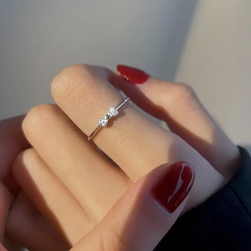 แหวนเปิดโบว์เพชรสวิสสีเงิน S925 925แหวนนิ้วประดับโบว์สีเงินสเตอร์ลิง