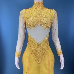 Abiti da sera in cristallo a maniche lunghe abito da festa abito giallo con paillettes abito da sera lungo a sirena da donna Sexy con strascico