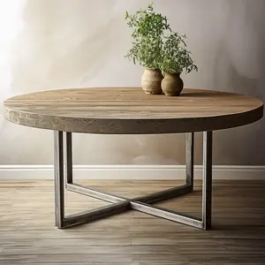 Moderno 60 pollici di diametro base in metallo gamba rovere top mobili per la casa camera tavolo da pranzo rotondo in legno per 6 posti