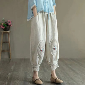 Cotton Linen Lantern Pants Beige Embroidered <b>Lace</b> Trim Loose Fit <b>Elastic</b> Waist Casual Harem Pants Cropped Women's Pants - Product Image 3