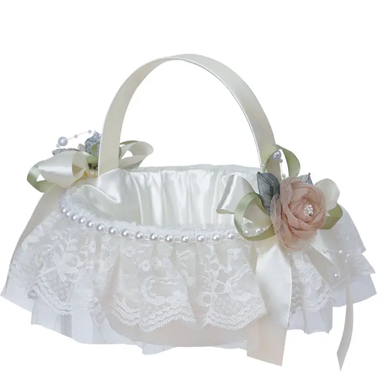 Panier à fleurs en plastique souple pour fille, en dentelle, pour mariage, vente en gros