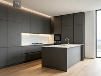 Set Kabinet Dapur Bentuk L Desain Minimalis Modern, Furnitur Lengkap Ukuran Kecil, Unit Kabinet Melamin Hitam dengan Wastafel