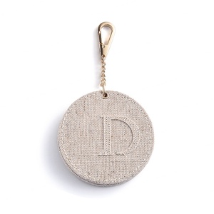 Light Grey Canvas Cotton Fabric Cover Embossed Private Logo Portable Cosmetic Keychain <b>Mirror</b> - Product Image 1