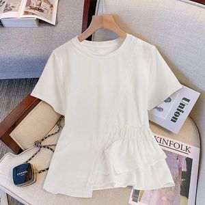Camiseta de manga corta blanca para mujer con cuello, cintura con volantes, bajo irregular, corte en A, de punto, de elastano/algodón, color liso, top de primavera/verano - Product Image 2