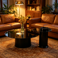 Ensemble de tables basses gigognes de luxe style ferme, en verre trempé noir brillant et métal, avec piédestal cylindrique robuste, table d'appoint décorative pour la maison