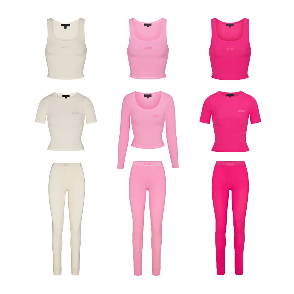 Individuelles Logo Farbe Damenbekleidung geripptes Hemd Leggins Freizeitkleidung Damen-Sets Zweiteiliges Set Freizeitkleidung