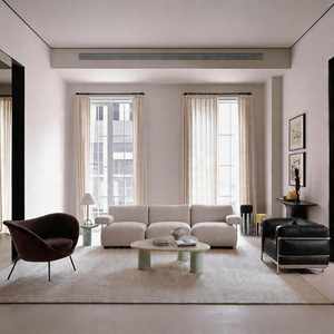 Canapé 3 places contemporain en tissu crème avec coussins de dossier arrondis, accoudoirs à profil bas et assise moelleuse pour salon - Product Image 1