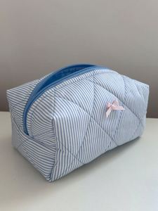 Bolsa de Maquillaje de Algodón a Rayas, Bolsa con Lazo Rosa, Linda Bolsa de Cosméticos - Product Image 2
