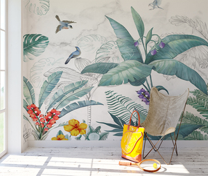 Mural de Pared Impermeable de Tela No Tejida con Diseño de Planta Tropical y Hojas Grandes, Efecto Seda, Estilo Boho Moderno, Tono Neutro, Floral y Aviario, Fácil de Instalar - Product Image 1