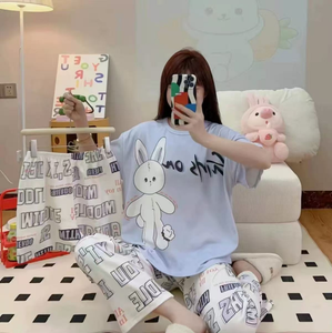 Women's 3-Piece Korean Style Pajama Set O-Neck <strong>Top</strong>, Shorts &amp; Long Pants, <strong>Silky</strong> Soft Cartoon Print Summer Lounge Wear - Product Image 5