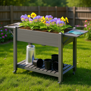 Jardinière en bois gris avec roulettes et étagère pour pots de fleurs de jardin - Product Image 2