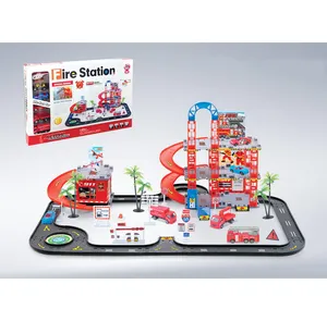 Conjunto de brinquedo em garagem, conjunto de camiões de bombeiros com pista de corrida de carros com elevador e avião de bombeiros