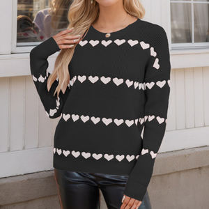 Wholesale Women <strong>Valentine</strong> Day Heart Pattern Sweater Pink Ribbed Knit Pullover Romantic Crew Neck <strong>Jumper</strong> - Product Image 6