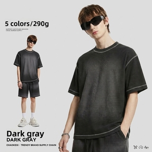 T-shirt da <span class=keywords><strong>uomo</strong></span> casual in stile americano, con cuciture <span class=keywords><strong>a</strong></span> contrasto, effetto waffle, anti-piega, sbiancato, lavato, tinta unita effetto spray. - Product Image 3