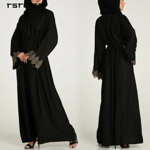 Women Black Chiffon Abaya Rhinestone Gold Floral Lace Applique Flared <b>Bell</b> Sleeve Self-Tie Waist Modest Luxury Evening Dress - Product Image 3