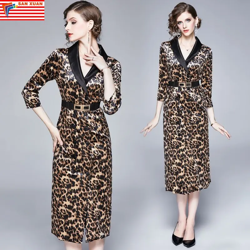European style graceful elegant hip package a line v neck 3/4 sleeves 2023 new arrivals womens leopard print sexy leopard dress