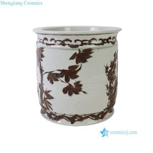 Maceta cilíndrica de cerámica RZNA40-D estilo Chinoiserie, color marrón hierro, pintada a mano con dos gorjas y flor de <span class=keywords><strong>ciruelo</strong></span> - Product Image 4
