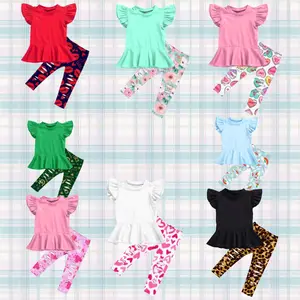 Solid Pearl Sleeves Tunic And printed Ripped Leggings Cheetah Wholesale Summer Spring girls children 2 piece clothing sets