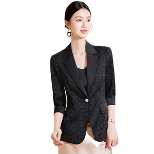 Women's Black Blazer Slim Fit Mid Sleeve Breathable Polyester Spring Summer Casual Suit Jacket - Product Image 5