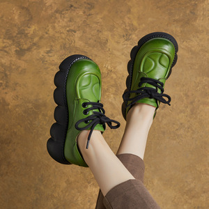 Chaussures compensées décontractées pour femmes en cuir de vachette, style britannique, à bout rond, à lacets, légères - Product Image 2