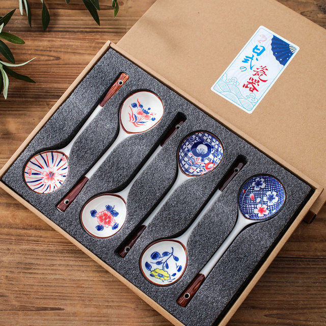 Japanese Style Flower Pattern Long Handle Ceramic Spoon Flatware Set Noodle Soup Dinner Spoon