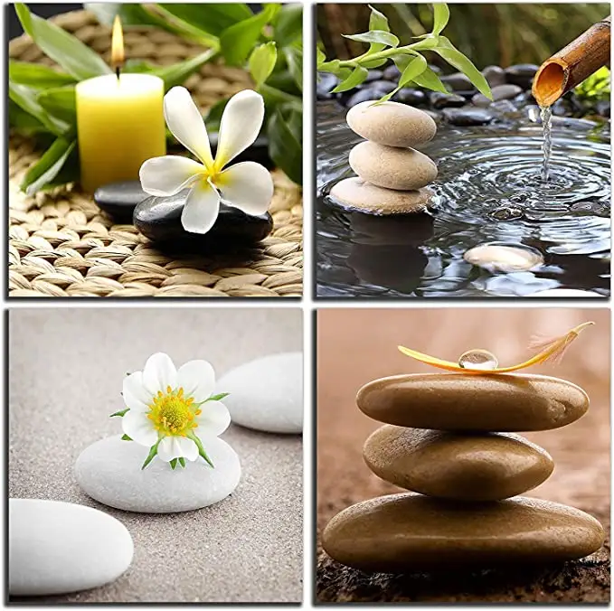 Canvas Wall Art Spa Still Life with Green Bamboo Fountain and Zen Stone Jasmine Flower Painting Pictures