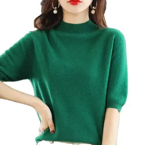 새로운 패션 여성 소녀 중간 소매 풀오버 블라우스 반 소매 단색 니트 슬림 캐주얼 스웨터 옷