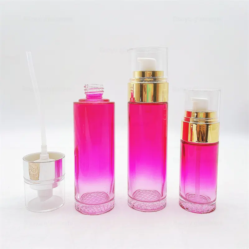Factory Custom Skin cares set packing 80ml Gradient Pink cylinder glass cosmetics bottles sets