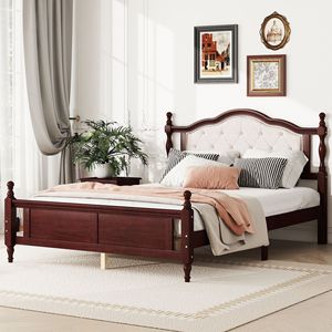 American Style Solid Wood Upholstered <b>Bed</b> Brick Red Mahogany <b>Double</b> Size Bedroom Furniture - Product Image 4