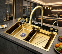 Évier de cuisine multifonctionnel en cascade en acier inoxydable SUS304 doré, poste de travail détachable pour la rénovation de cuisine domestique