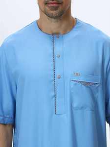 Men's Light Blue Cotton Thobe Round Neck Short Sleeve Floor Length Loose Fit Casual Daily Wear Middle Eastern Traditional Robe - Product Image 4