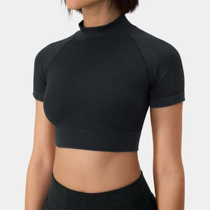 Custom Women'S Ribbed Knit Mock Neck manica corta ritagliata estate vendita calda <span class=keywords><strong>Crop</strong></span> <span class=keywords><strong>Top</strong></span> donna Custom manica corta <span class=keywords><strong>Crop</strong></span> <span class=keywords><strong>Top</strong></span> palestra - Product Image 3