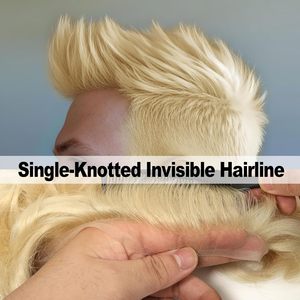 Topunique Perruque pour homme en cheveux humains Remy européens à dentelle frontale TUS03 Doré 110% Densité moyenne 28mm Lisse 8x10 pouces - Product Image 3