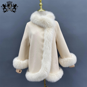 Winter Coat Real Fox <strong>Fur</strong> Collar Cuffs Women Cashmere Poncho Wool <strong>White</strong> <strong>Fur</strong> Cape for Ladies Wedding <strong>Dresses</strong> - Product Image 3