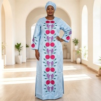 Robes africaines pour femmes H&D S11128, nouveau style, broderie bleue, robe longue en bazin, robe décontractée pour femme avec foulard