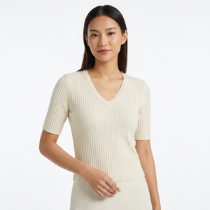 Suéter de Mujer con Cuello en V, Manga Corta, Tejido de Punto, Corte Ajustado, Top Corto, Personalizable OEM/ODM, Primavera, Casual - Product Image 1