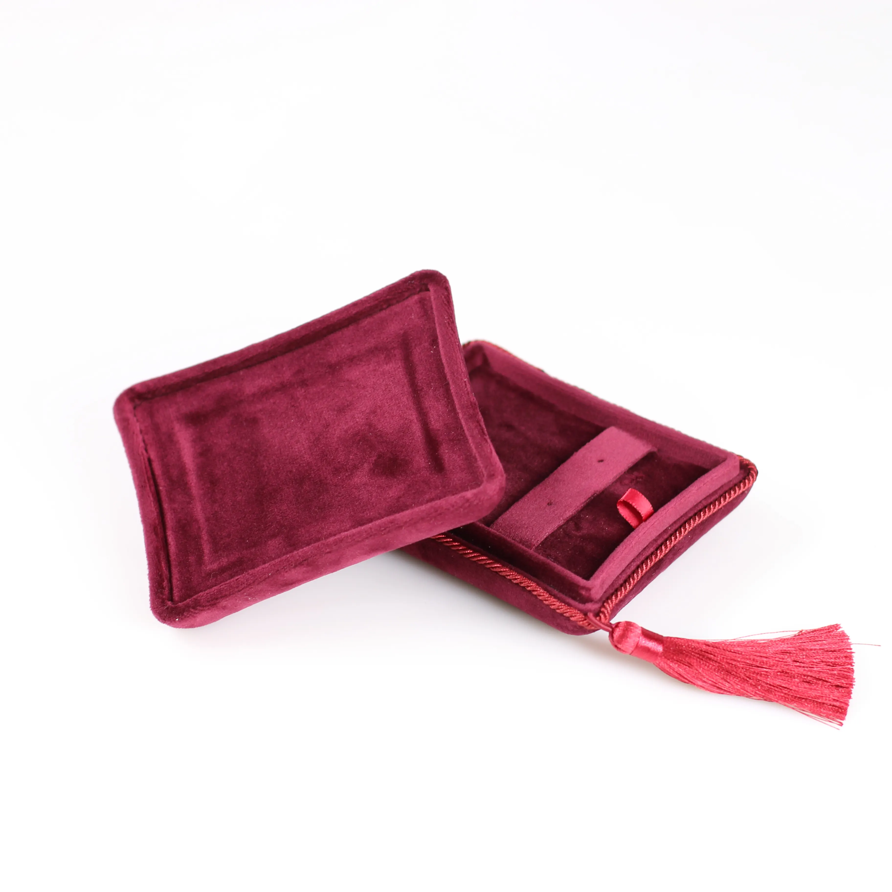Custom Red Real Velvet Ring Packaging Gift Case removable lining Velvet Jewelry Box With Tassels