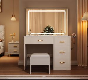 YITAHOME Ensemble de coiffeuse moderne blanche 35 \ "LED miroir lumières 4 tiroirs maquillage vanité tabouret <span class=keywords><strong>2</strong></span> prises ca <span class=keywords><strong>2</strong></span> ports USB réglables - Product Image 5