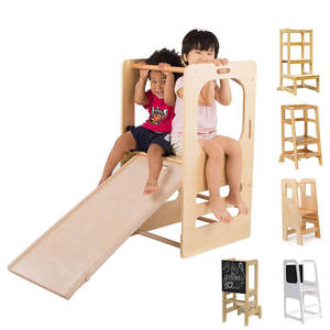 <span class=keywords><strong>Tour</strong></span> d'apprentissage Montessori pour enfants en bas âge avec toboggan, tableau noir, tabouret de cuisine pour enfants, cadre d'escalade en bois - Product Image 1