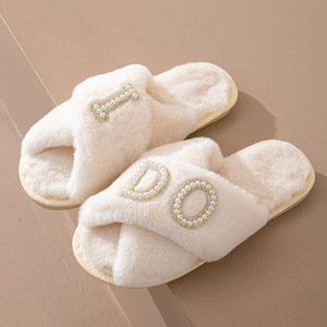 Pantuflas de boda para mujer, novia, dama de honor, hago diapositivas, piel de conejo sintética, suela antideslizante, regalo de boda, zapatillas deslizantes con los dedos abiertos
