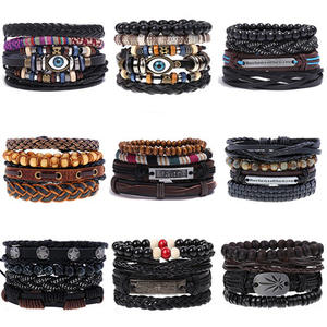 Nieuwe meerlaagse brede zwarte leren armbandensets voor heren groothandel 3-4 stuks vintage herenaccessoires anker blad uil armband - Product Image 3