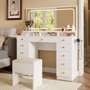 Coiffeuse blanche personnalisée avec grand miroir LED et plateau en verre trempé, 11 tiroirs, et design à extension latérale - Product Image 1