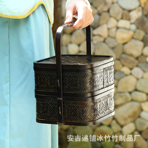 Handmade bamboo woven storage box, retro style, lidded tea set storage <b>basket</b>, household organizer <b>basket</b>, Japanese style tray, - Product Image 2