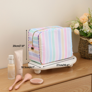 Trousse de Maquillage Personnalisée pour Femme <span class=keywords><strong>en</strong></span> Toile Colorée, Sac Cosmétique de Voyage Rayé Tendance avec Fermeture Éclair et Volants - Product Image 2
