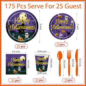 Juego de Vajilla Desechable para Halloween, Platos, Vasos y Servilletas de Papel, Artículos para Fiestas, Tema de Cementerio con Calabazas Moradas - Product Image 2