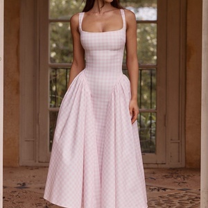 Robe mi-longue OEM personnalisée pour femme, imprimé floral rose, coupe trapèze, col carré, robe d'été pour les vacances, tenue de plage - Product Image 1