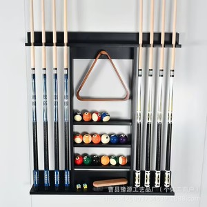Soporte de pared para tacos de billar, de madera maciza, con 6 niveles de almacenamiento, bandeja para bolas y soporte triangular para accesorios de mesa de billar - Product Image 1